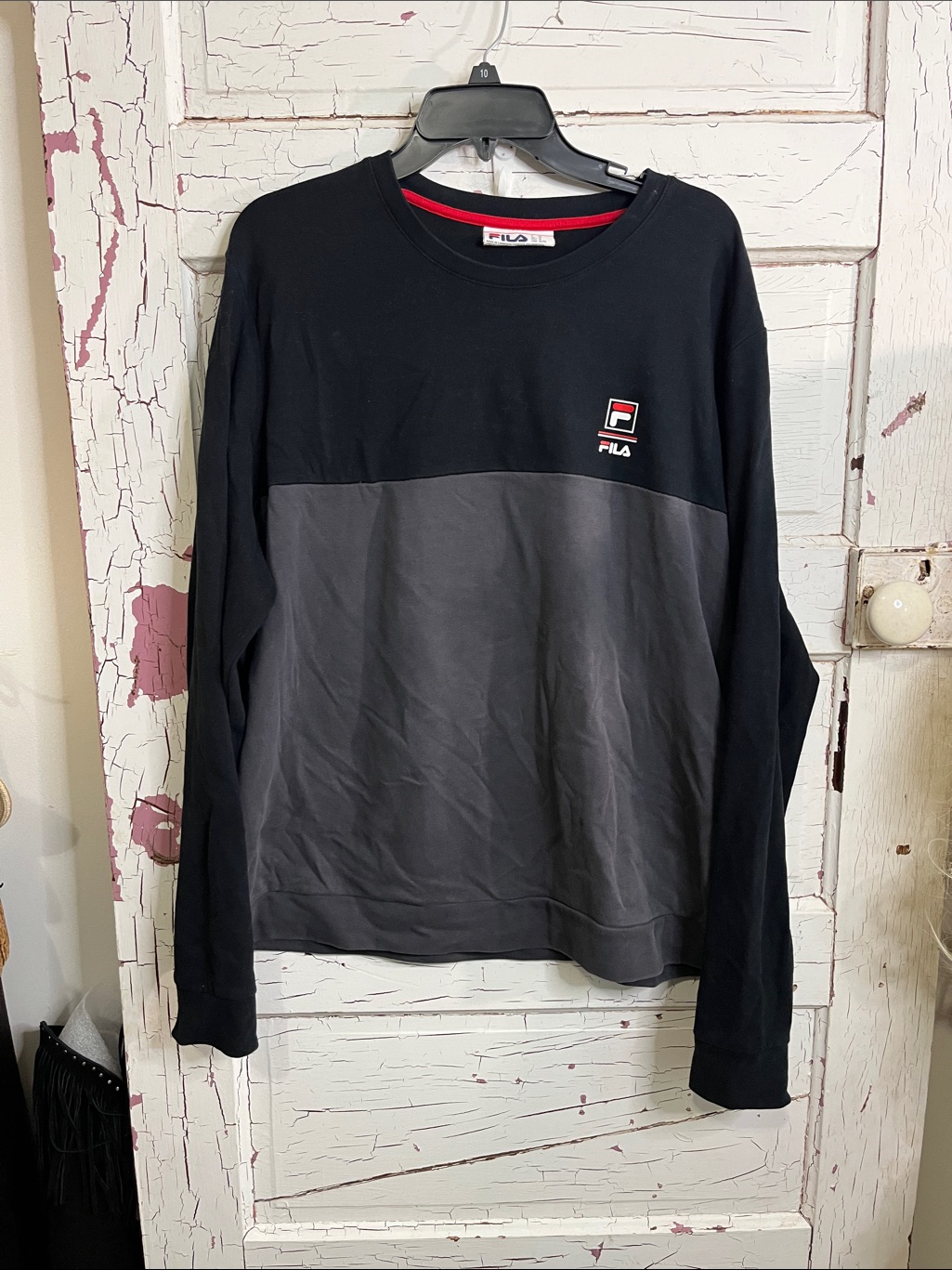 Fila Black And Gray Paneled Logo Crewneck Long Sleeve Xl